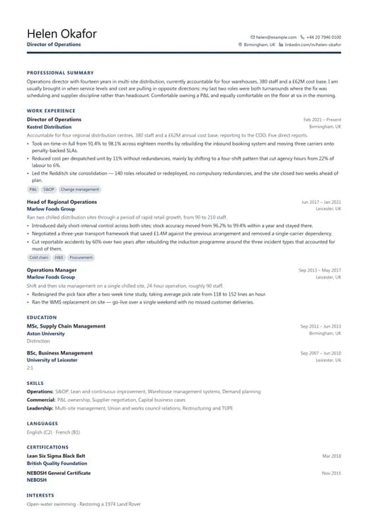 Business Professional CV template preview — a corporate résumé layout