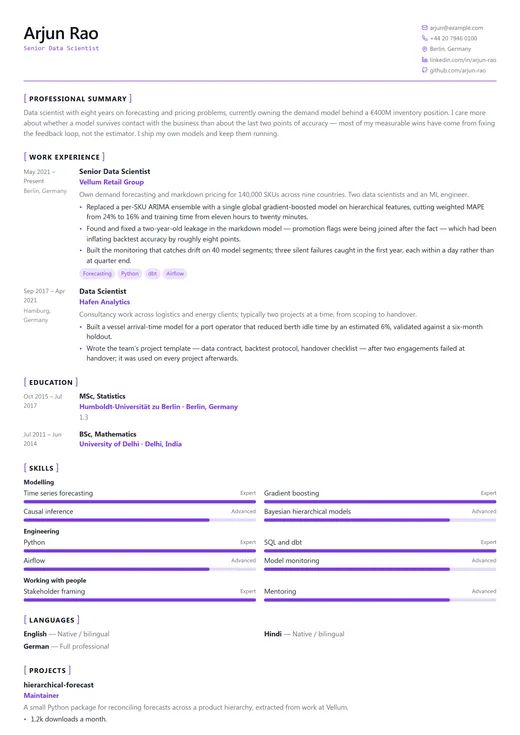 Data Scientist CV template preview — a technology résumé layout