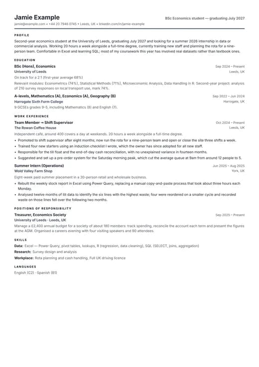 Entry-Level Resume CV template preview — a ats résumé layout