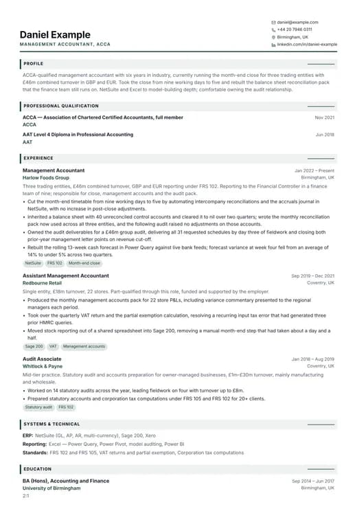 Finance CV CV template preview — a corporate résumé layout