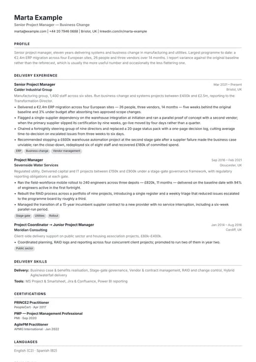 Modern ATS CV template preview — a modern résumé layout