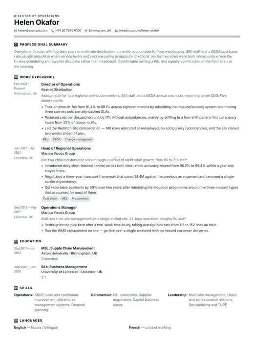 Operations CV CV template preview — a corporate résumé layout