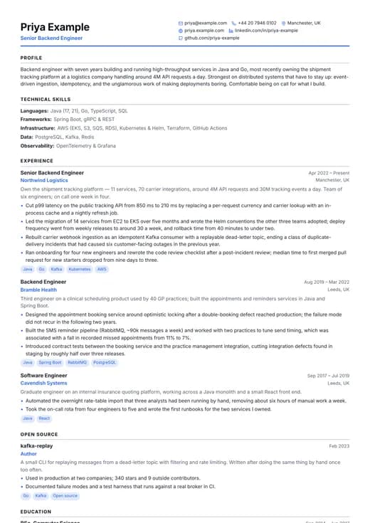 Software Engineer CV template preview — a technology résumé layout