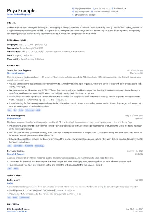 Software Engineer CV template preview — a technology résumé layout