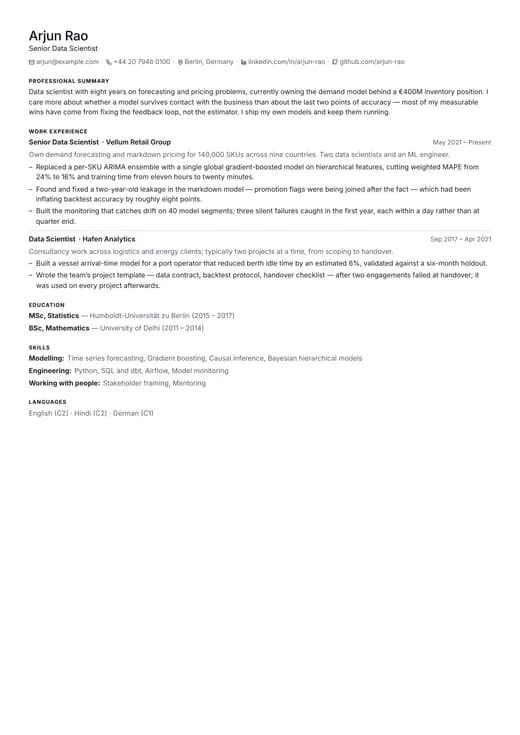 Tech Minimal CV template preview — a technology résumé layout