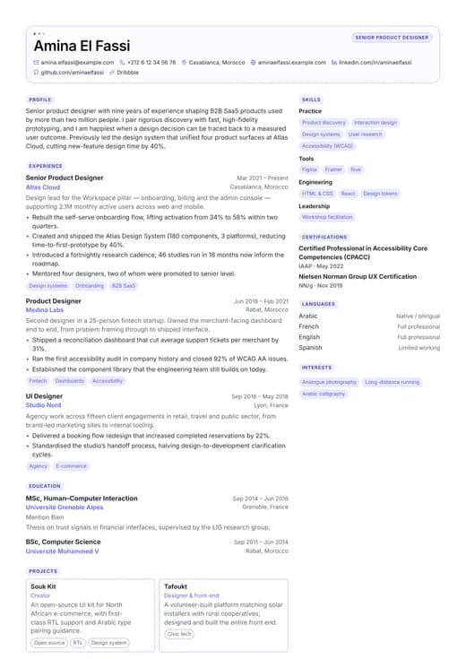 UI/UX Designer CV template preview — a creative résumé layout